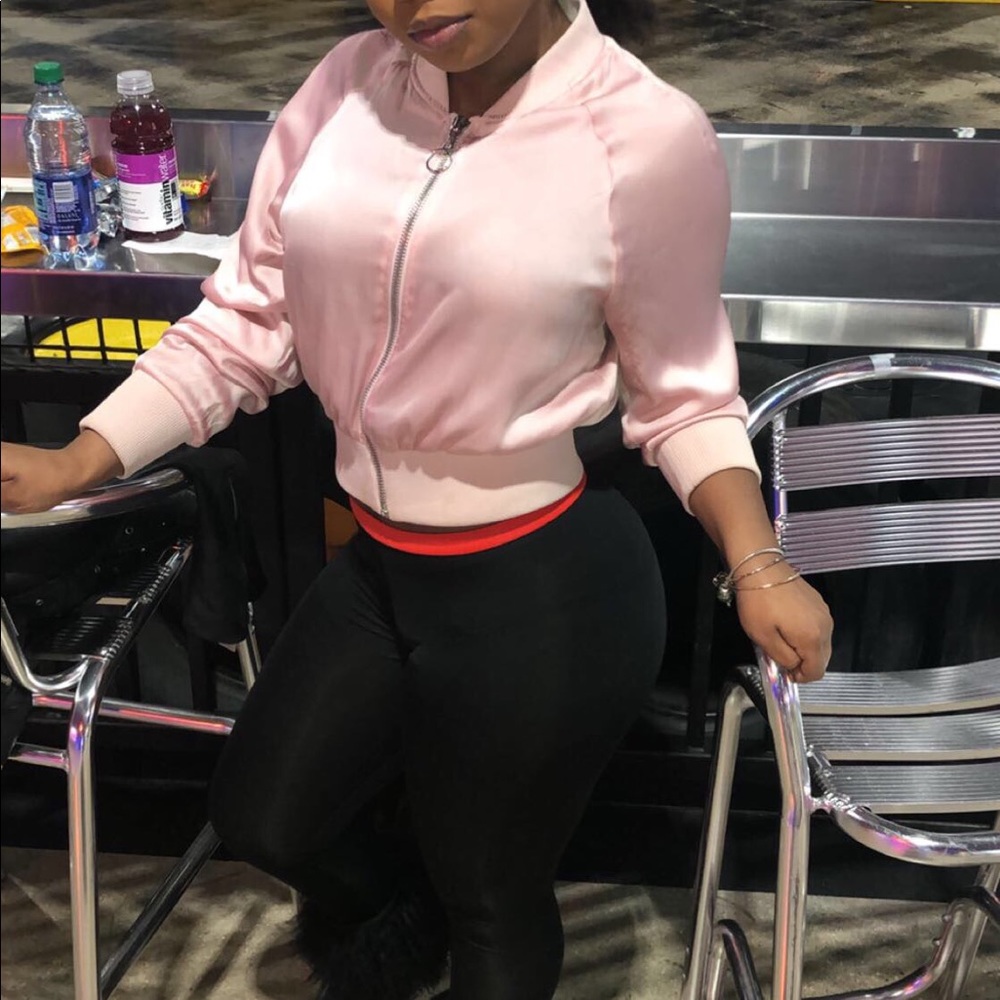 Pink satin bomber